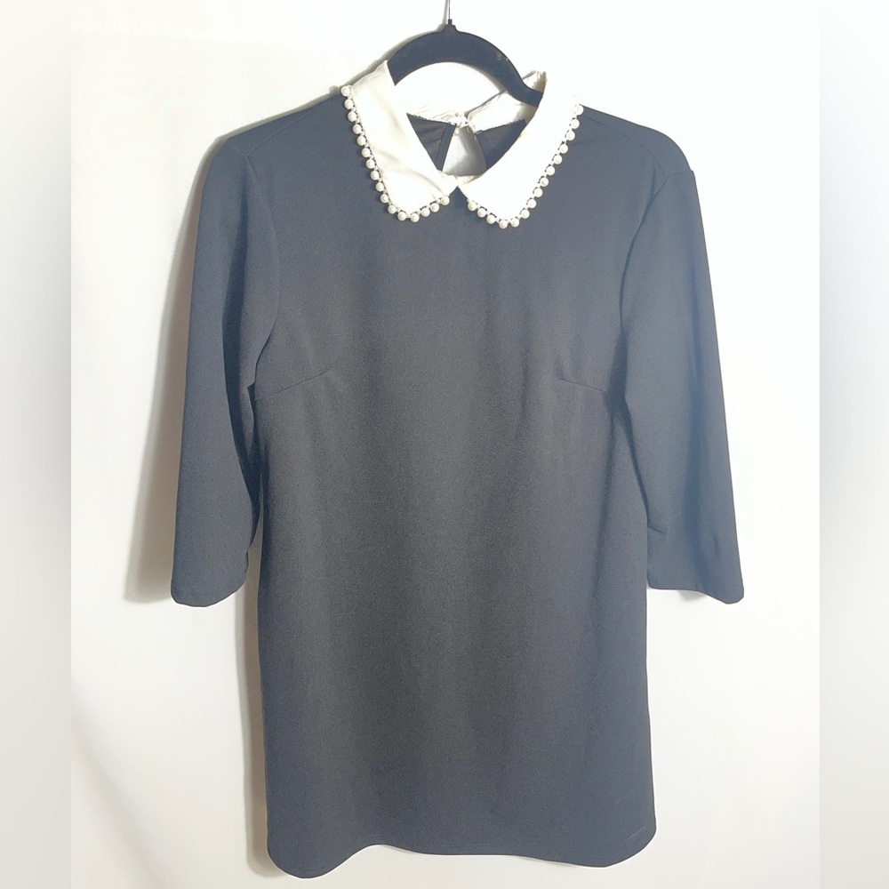 Black Pearl Collar Dress Women’s L Peter Pan Collar Stretch Midi
